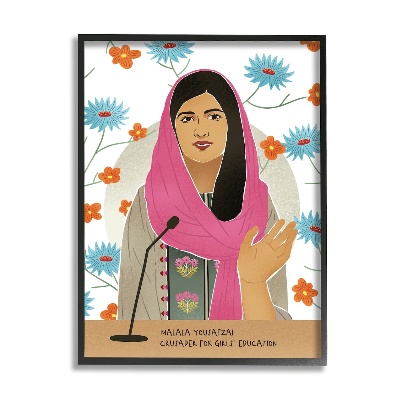 Stupell Industries Malala Yousafzai Speech Over Blue & Orange Flowers Wall Art in Black Frame